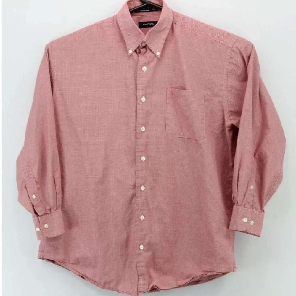 Nautica Mens Red White Gingham Button Down Shirt 16 1/2 32/33 Long Sleeve Cotton